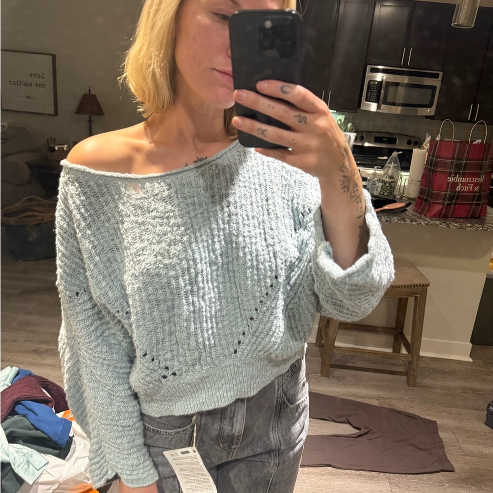 Anthropologie Off-the-Shoulder Light Blue Sweater